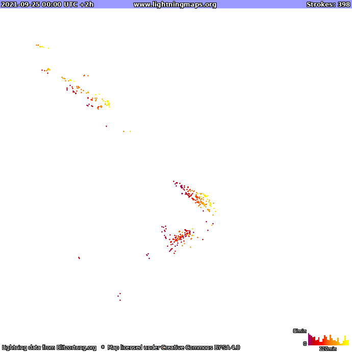 Mapa bleskov Nový Zéland 25.09.2021 (Animácia)