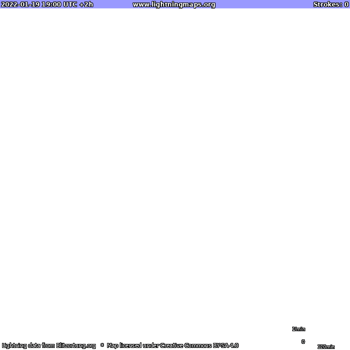 Mapa bleskov Nový Zéland 19.01.2022 (Animácia)