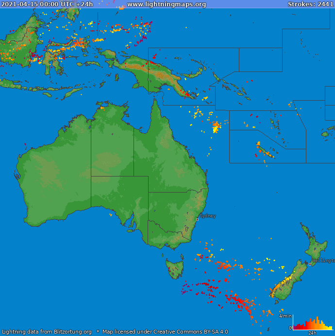 Mapa wyładowań Oceania 2021-04-15