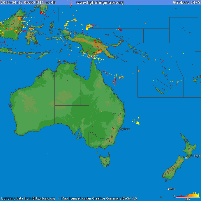 Mapa bleskov Oceania 17.04.2021