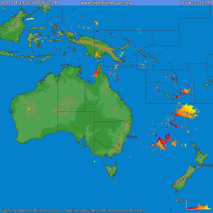 Mapa bleskov Oceania 19.04.2021