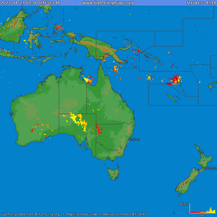 Mapa bleskov Oceania 23.04.2022
