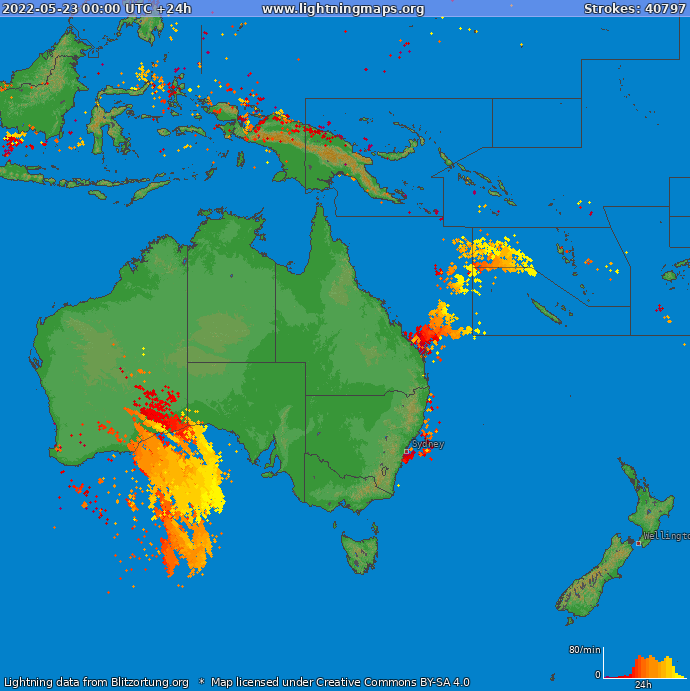 Mapa bleskov Oceania 23.05.2022