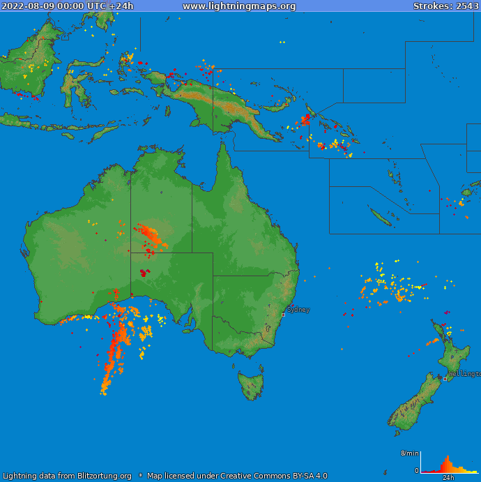 Mapa wyładowań Oceania 2022-08-09
