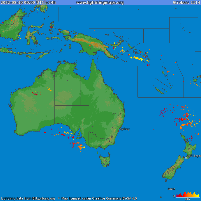 Mapa wyładowań Oceania 2022-08-10