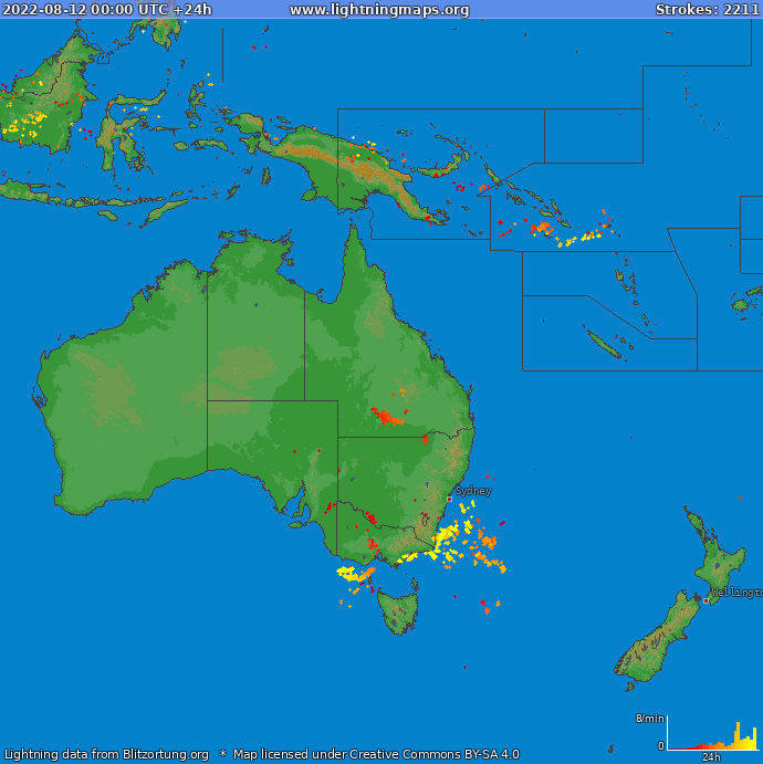Mapa wyładowań Oceania 2022-08-12