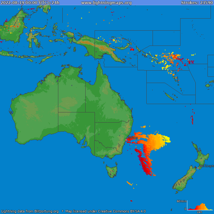 Mapa bleskov Oceania 19.08.2022