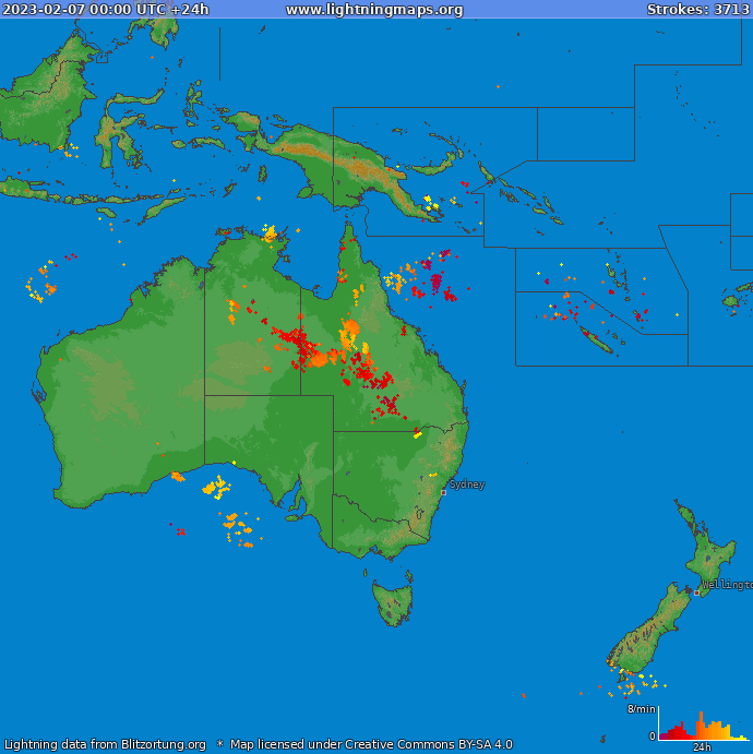 Mapa bleskov Oceania 07.02.2023