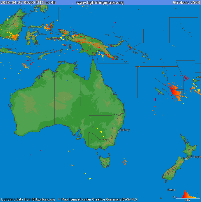 Mapa wyładowań Oceania 2023-04-27