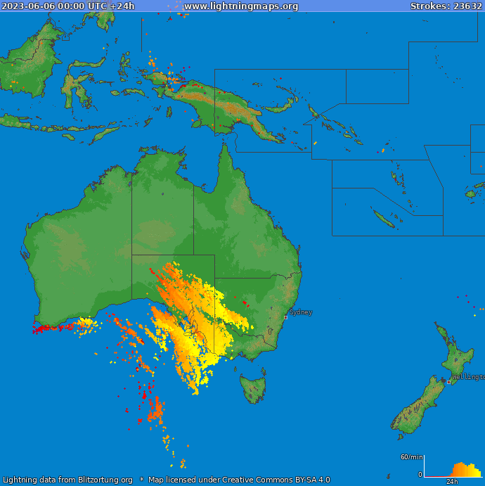Mapa blesků Oceania 06.06.2023