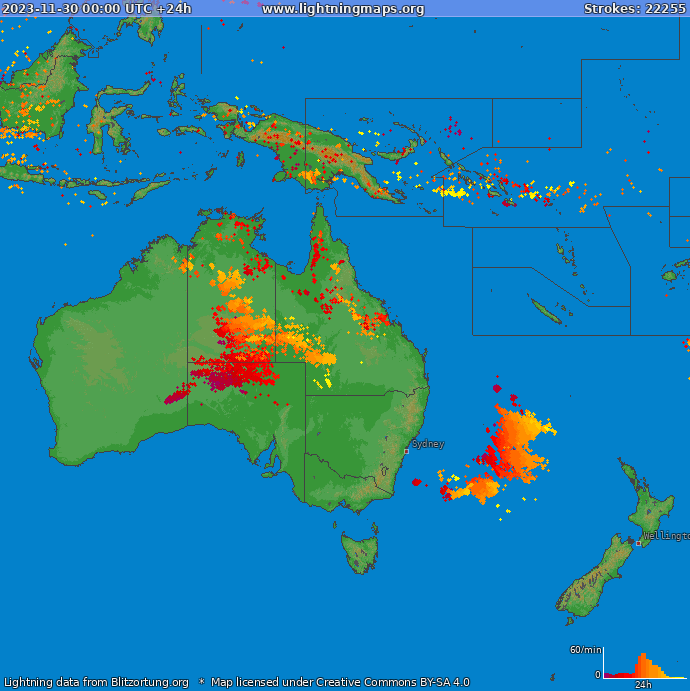 Mapa bleskov Oceania 30.11.2023