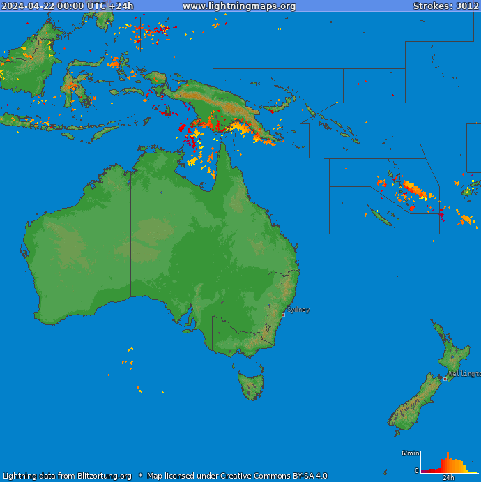 Mapa bleskov Oceania 22.04.2024