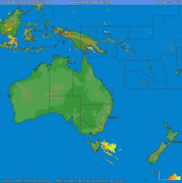 Mapa wyładowań Oceania 2024-04-23