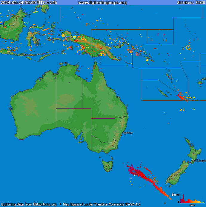 Mapa wyładowań Oceania 2024-04-24