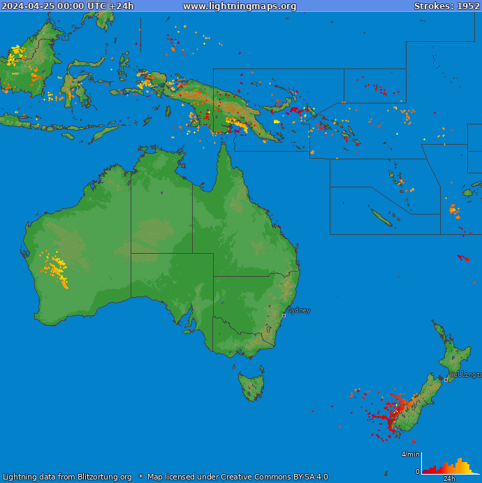 Mapa wyładowań Oceania 2024-04-25