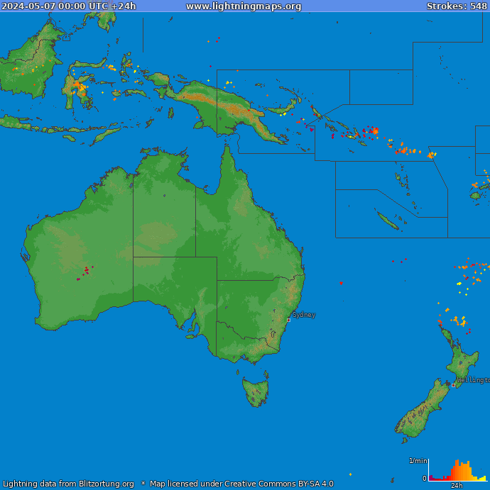 Mapa bleskov Oceania 07.05.2024