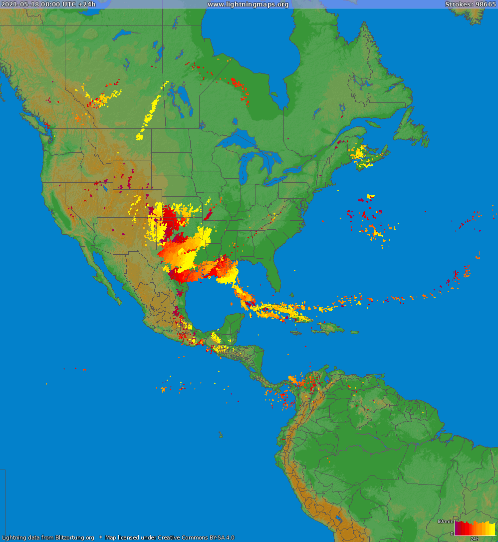 Mapa wyładowań Ameryka Północna 2021-05-18