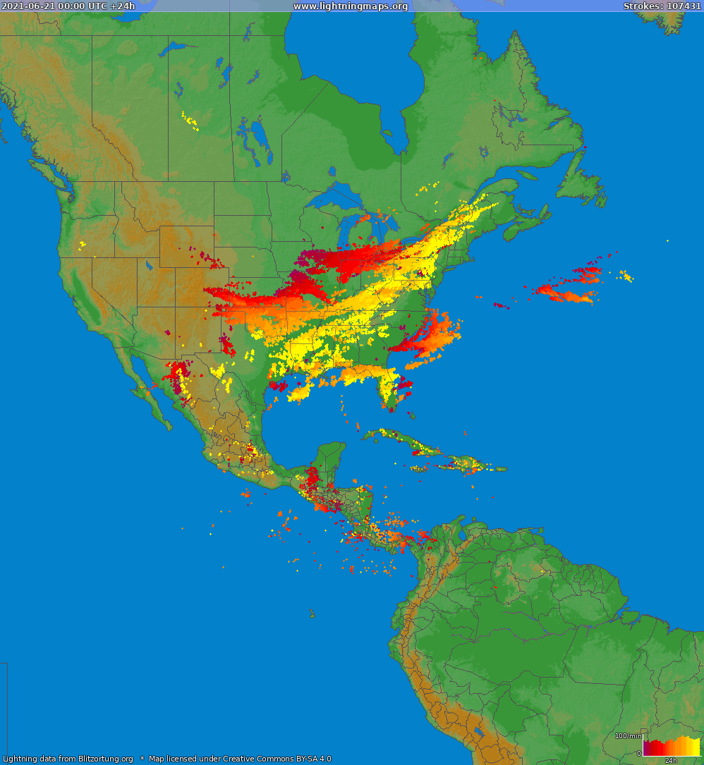 Mapa bleskov North America 21.06.2021