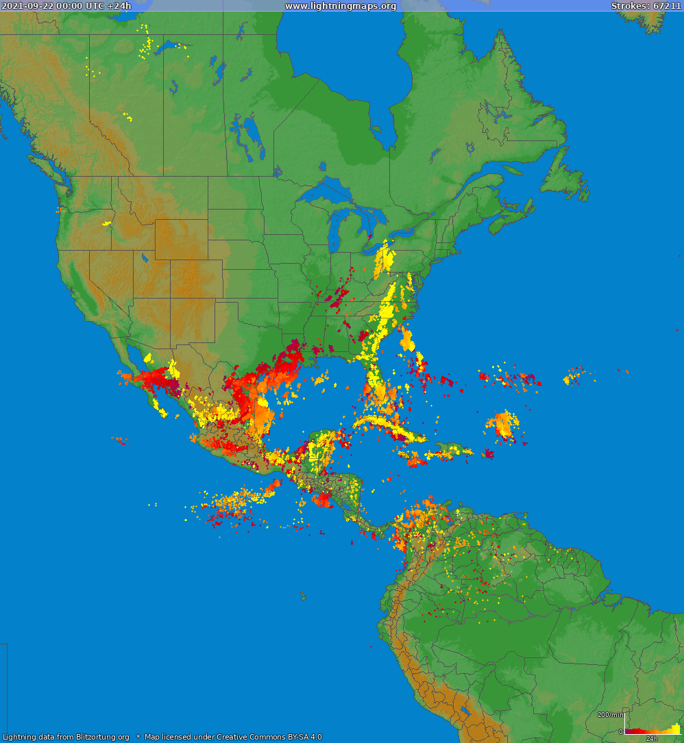 Карта блискавок Північна Америка 22.09.2021