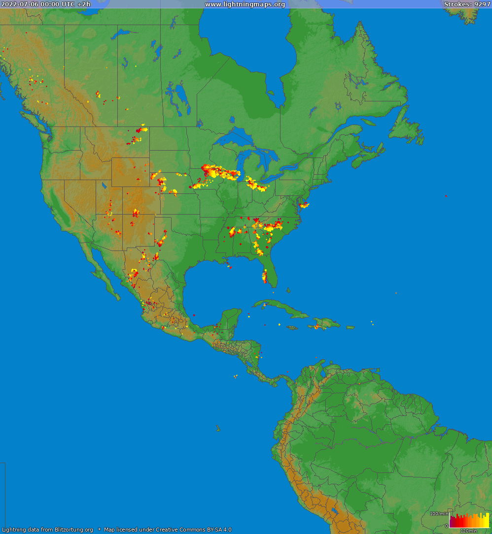 Mapa blesků North America 06.07.2022 (Animace)