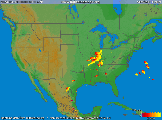 Mappa dei fulmini USA 19.04.2024 (Animazione)
