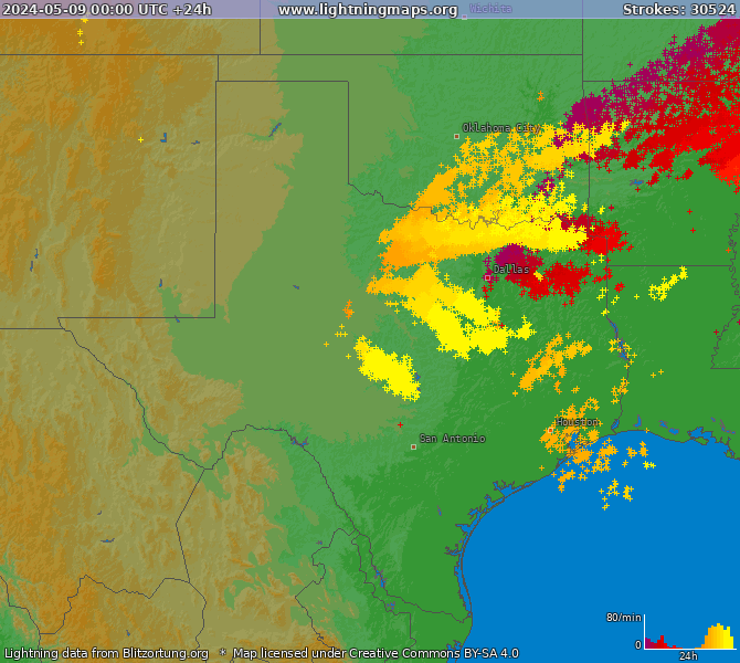 Mapa bleskov Texas 09.05.2024