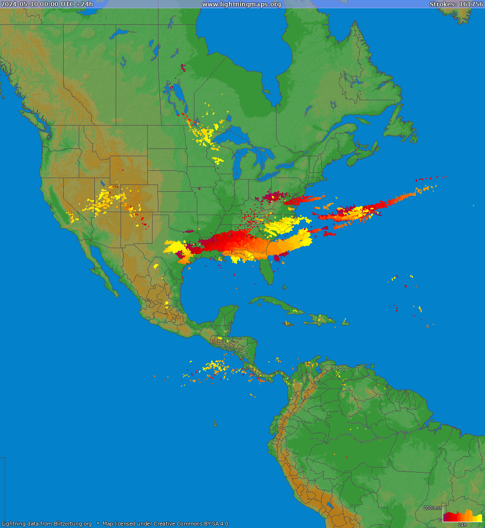 Mappa dei fulmini North America 10.05.2024