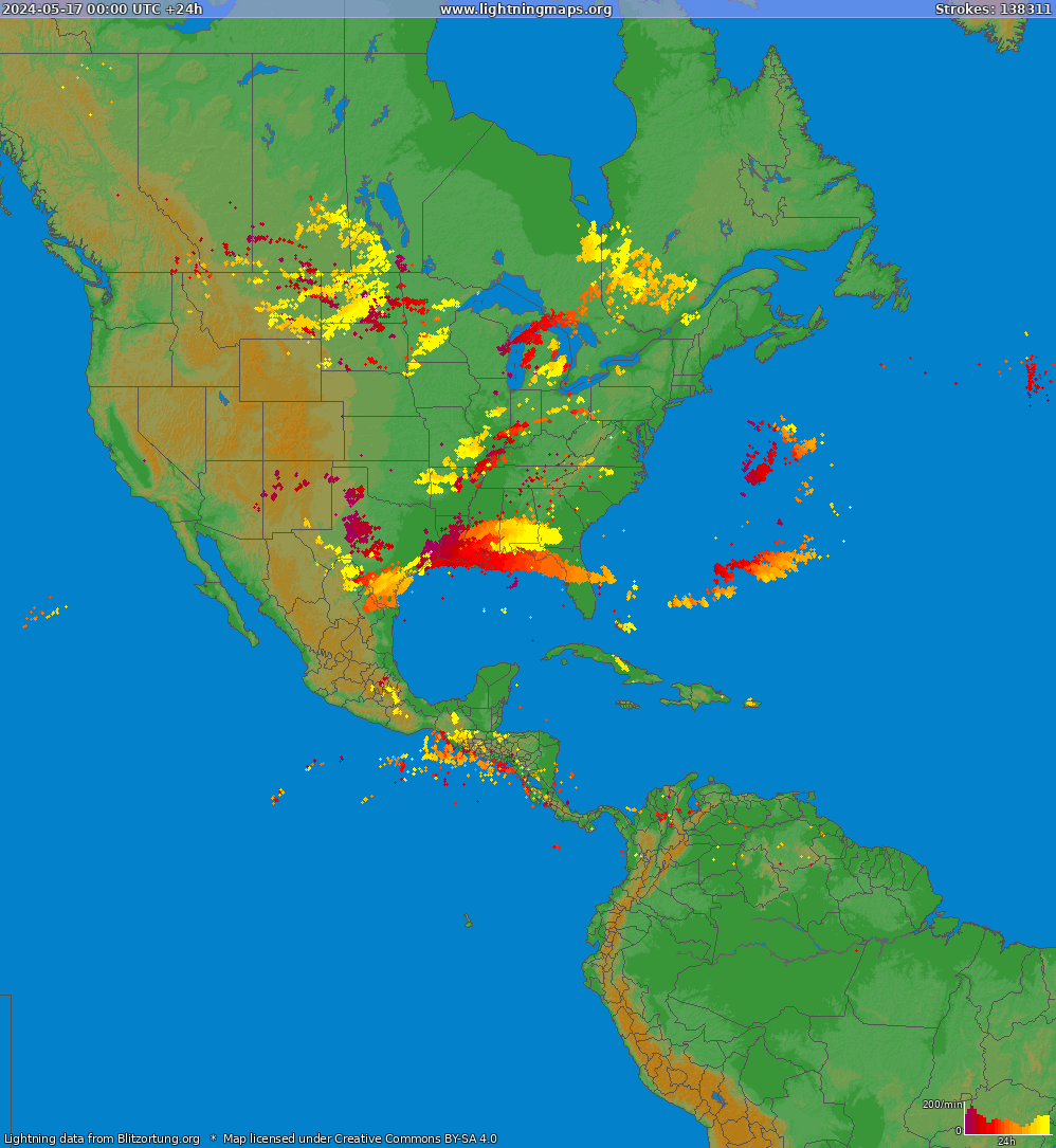 Карта блискавок Північна Америка 17.05.2024