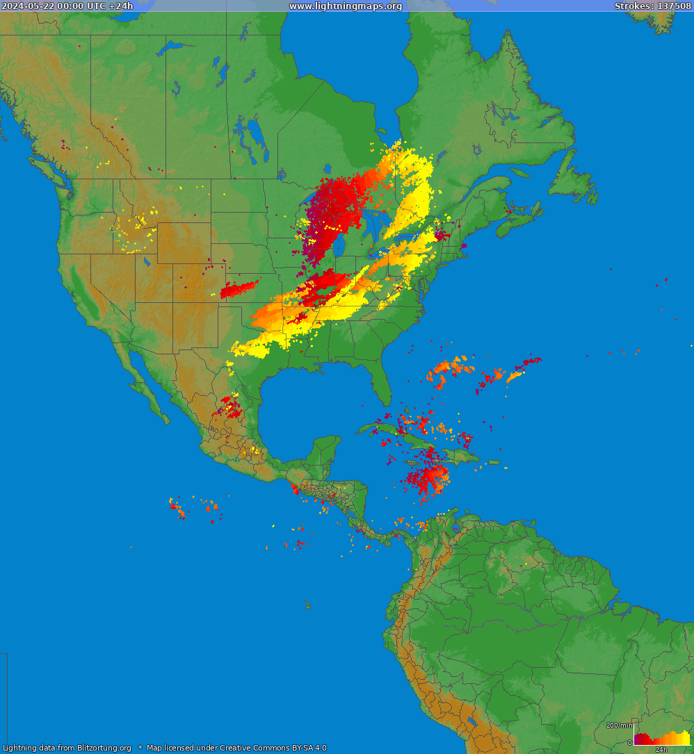 Mappa dei fulmini North America 22.05.2024