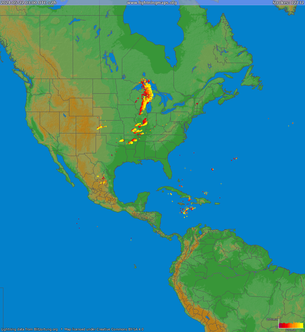 Mapa bleskov North America 22.05.2024 (Animácia)