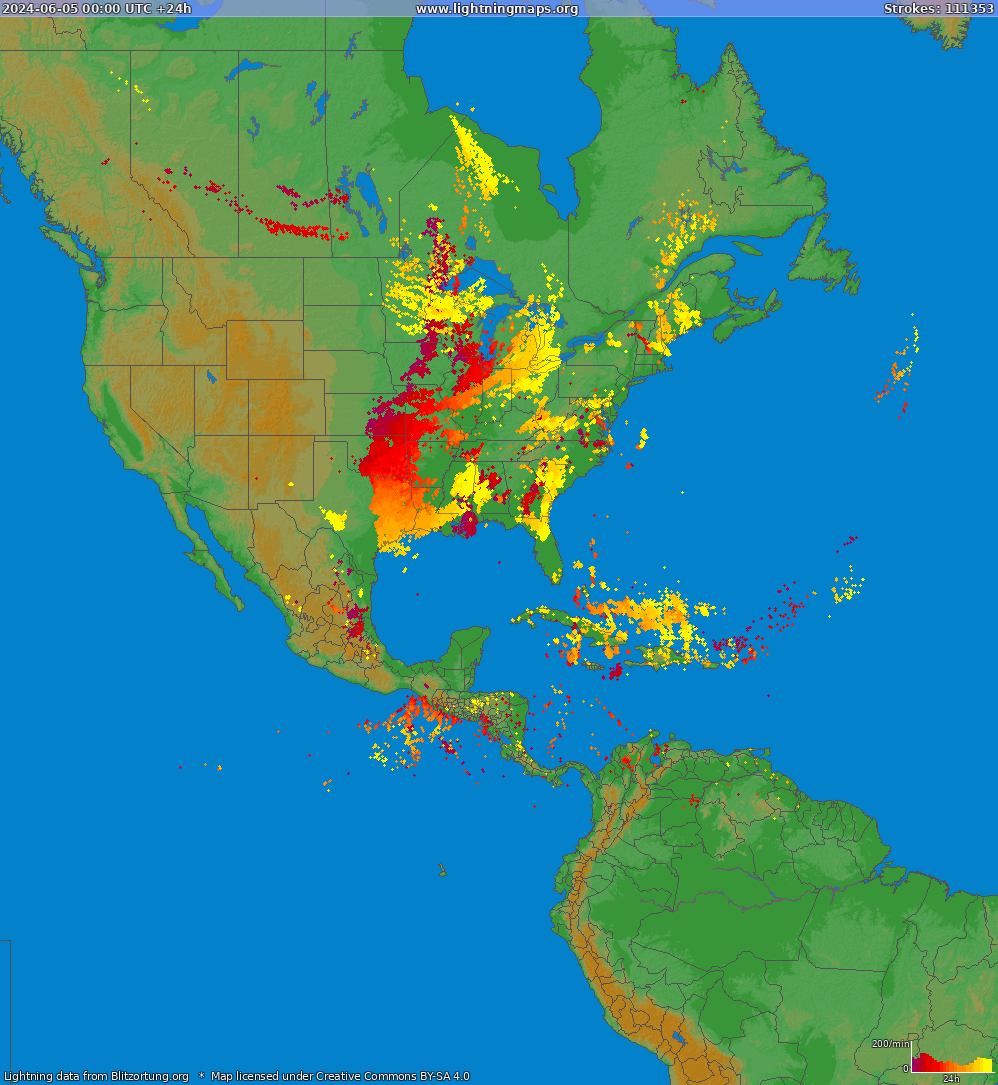 Lightning map North America 2024-06-05