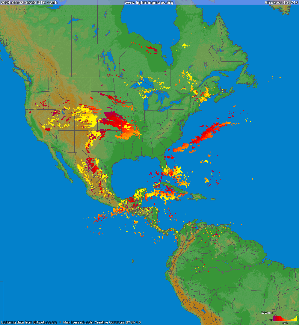Карта блискавок Північна Америка 08.06.2024