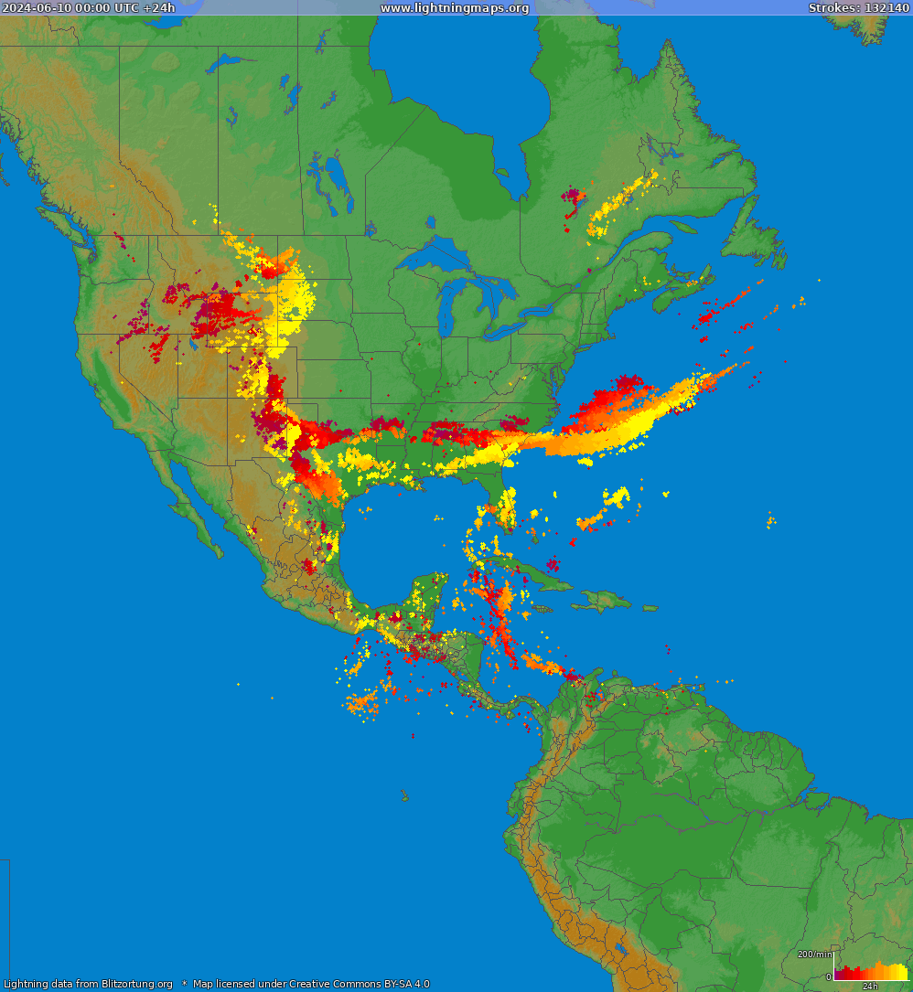 Mapa blesků North America 10.06.2024