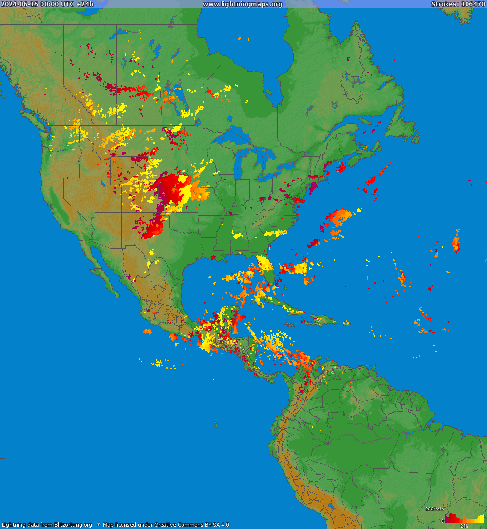 Mapa blesků North America 15.06.2024
