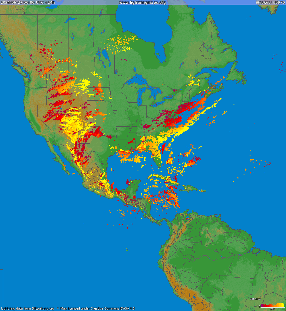 Карта блискавок Північна Америка 27.06.2024