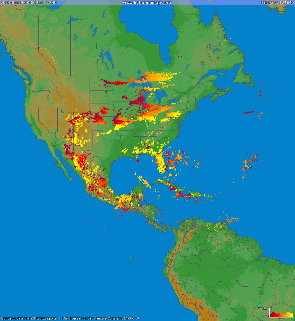 Lightning map North America 2024-06-29