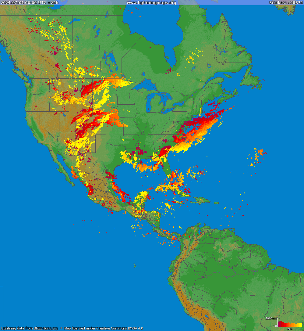Mappa dei fulmini North America 01.07.2024
