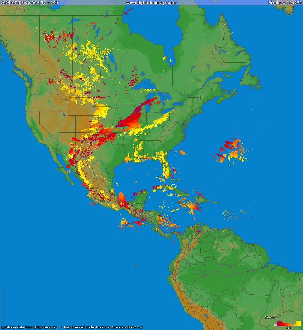 Mapa bleskov North America 03.07.2024