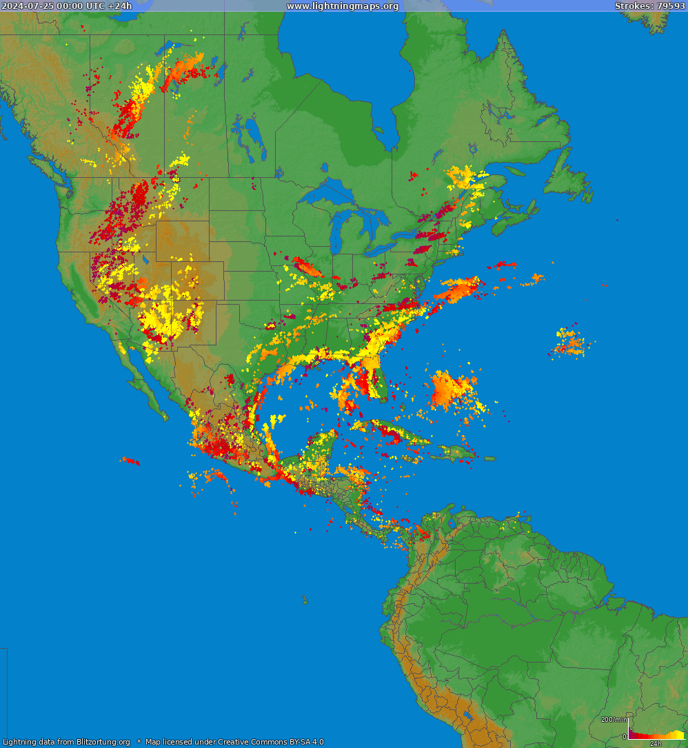 Mappa dei fulmini North America 25.07.2024