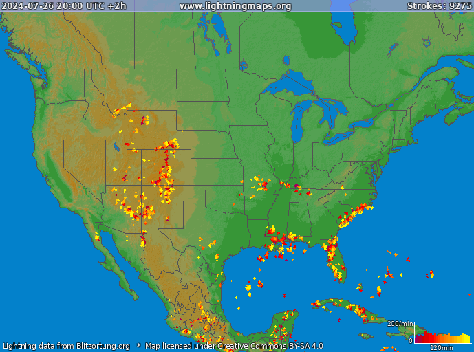 Mapa blesků USA 26.07.2024 (Animace)