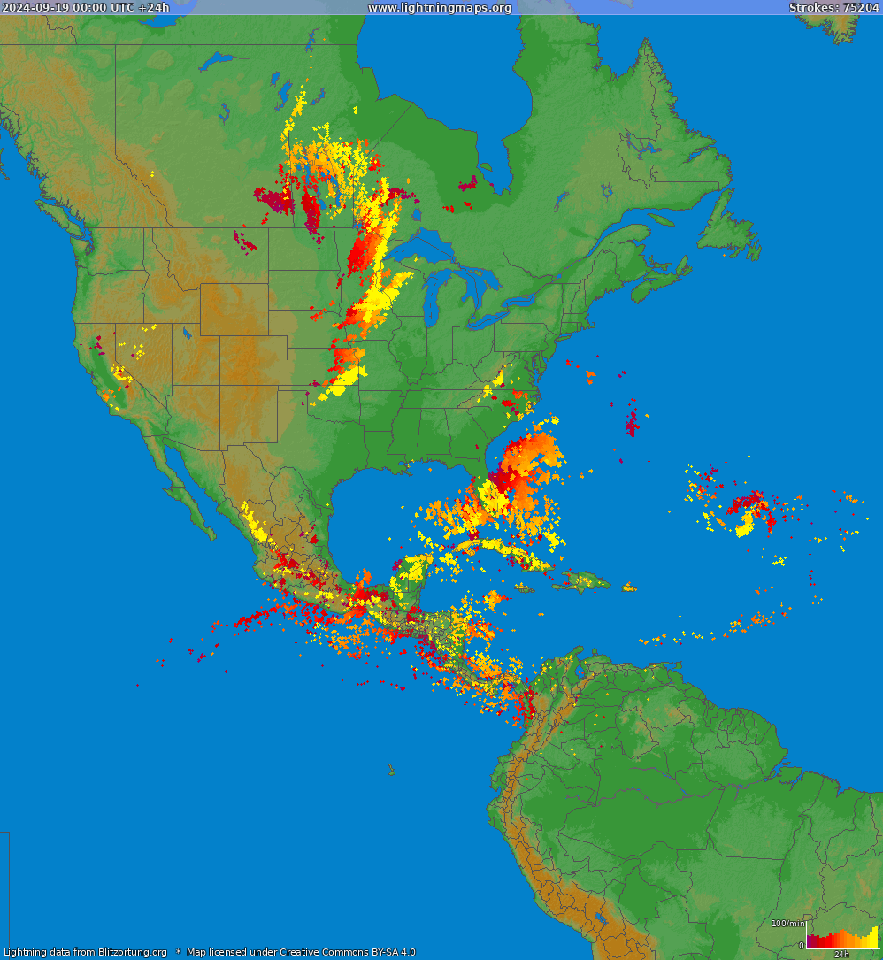 Mapa wyładowań Ameryka Północna 2024-09-19