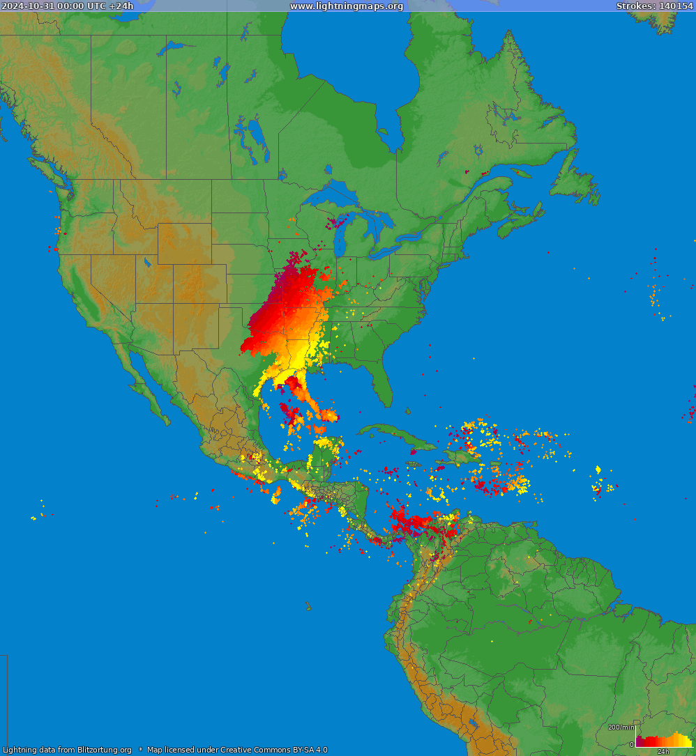 Mappa dei fulmini North America 31.10.2024