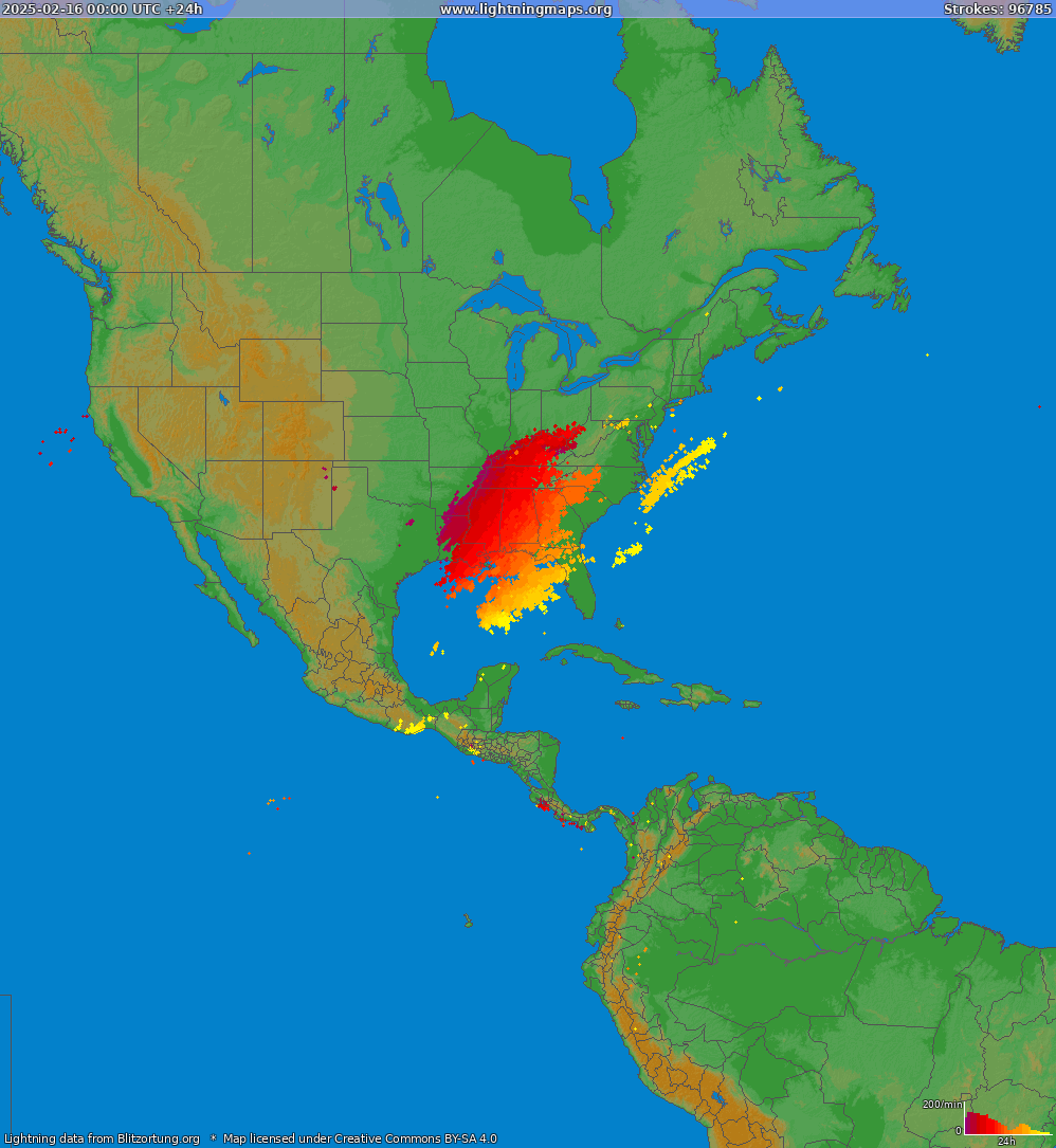 Zibens karte North America 2025.02.16
