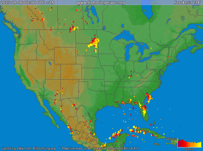 Карта блискавок USA 06.08.2025 (Анімація)