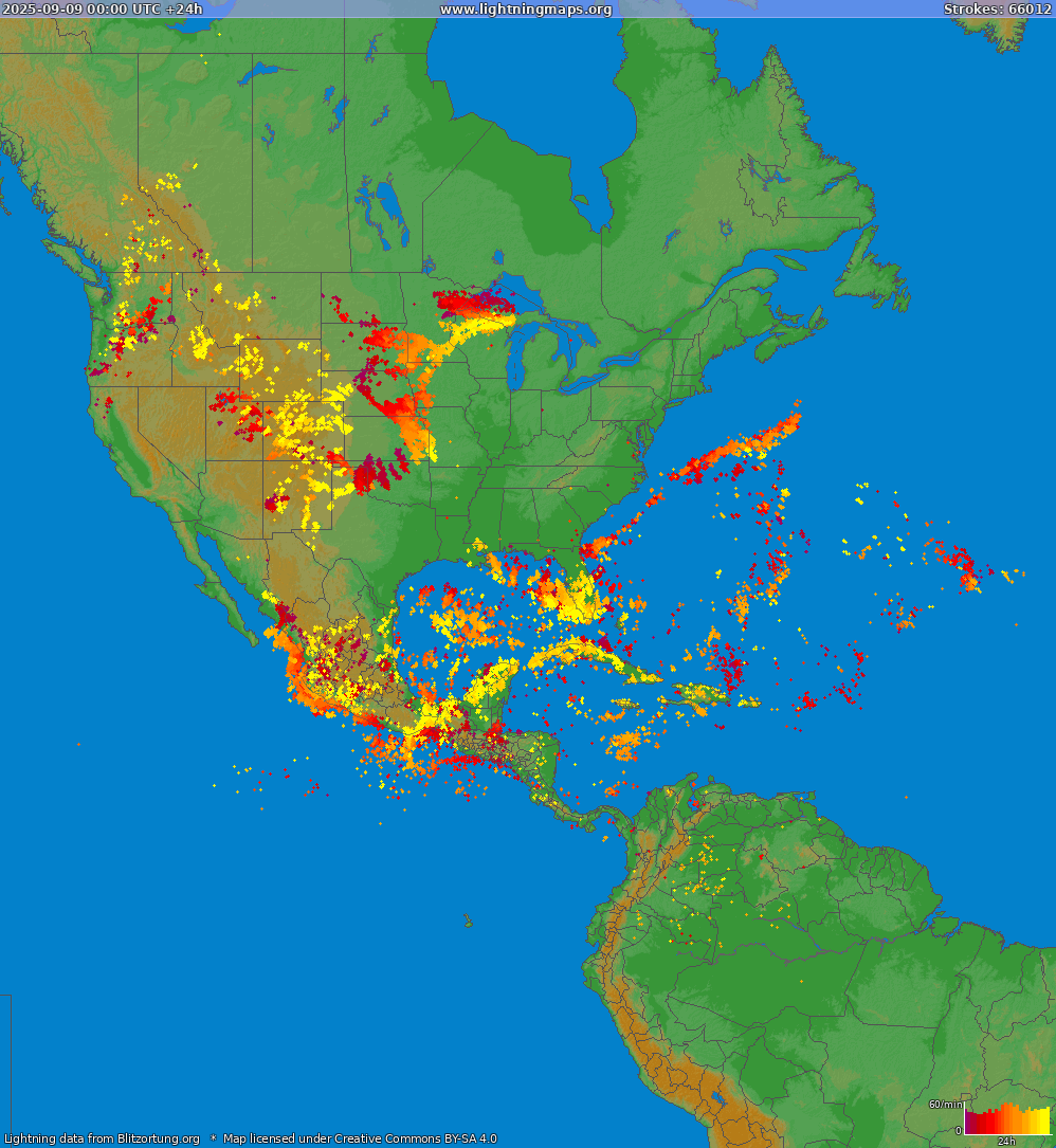 Mapa blesků North America 09.09.2025