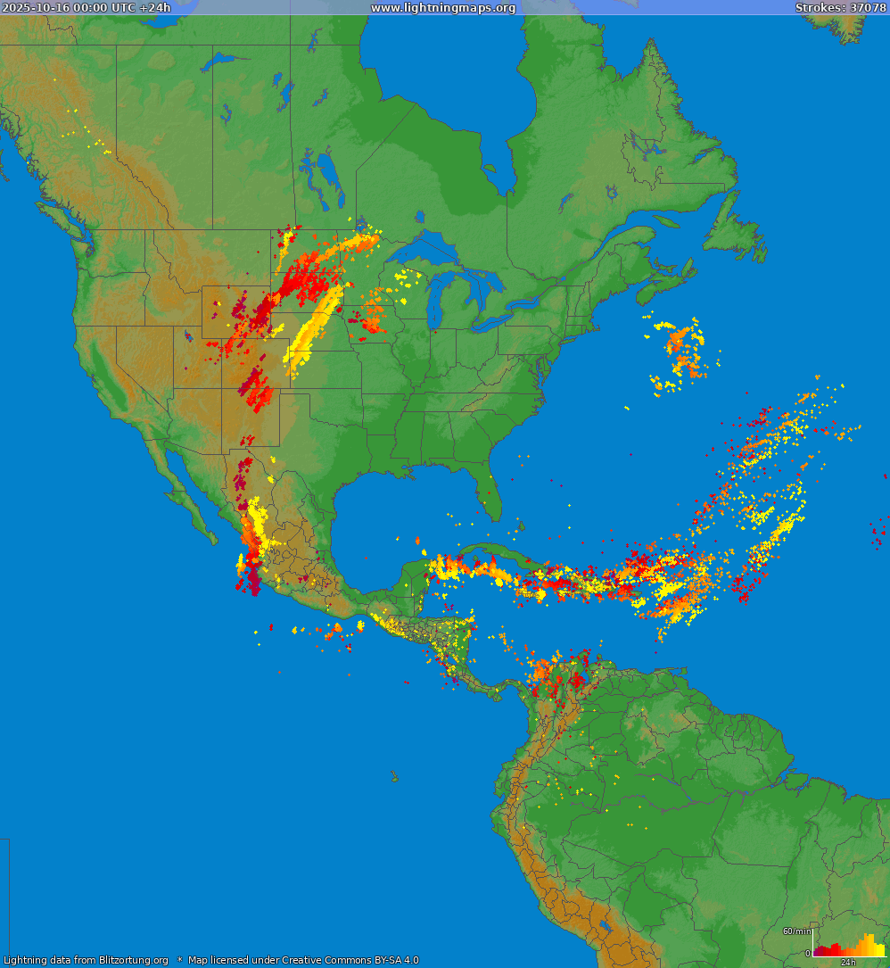 Карта блискавок Північна Америка 16.10.2025