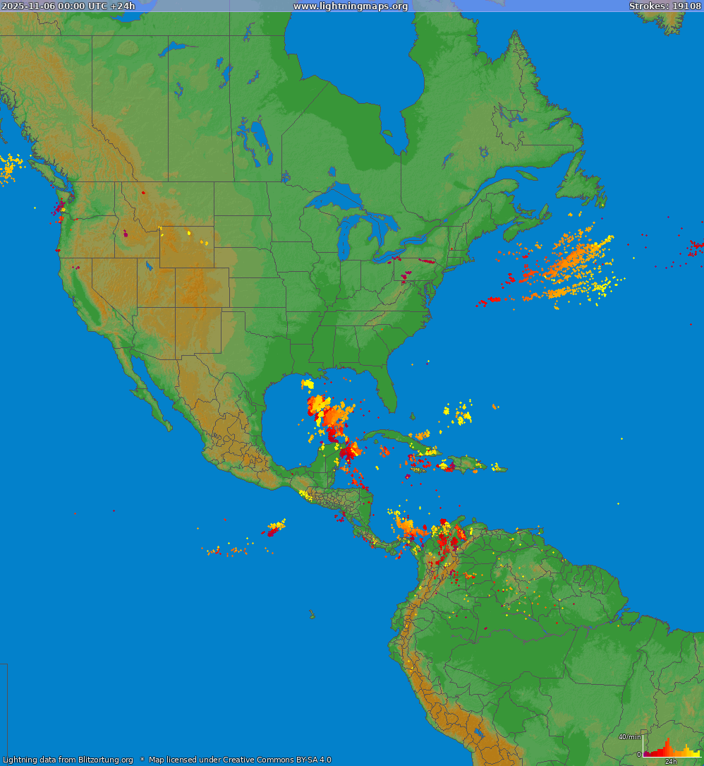 Mapa bleskov North America 06.11.2025