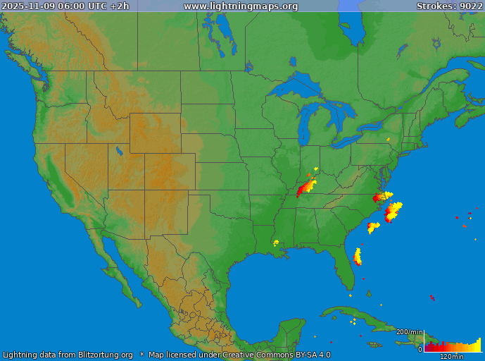 Карта блискавок USA 09.11.2025 (Анімація)
