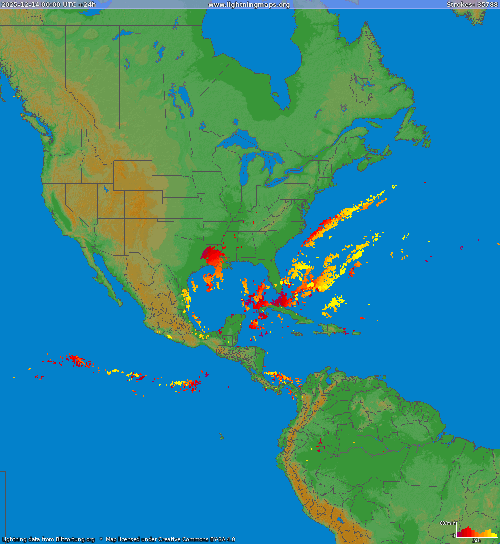 Карта блискавок Північна Америка 14.12.2025