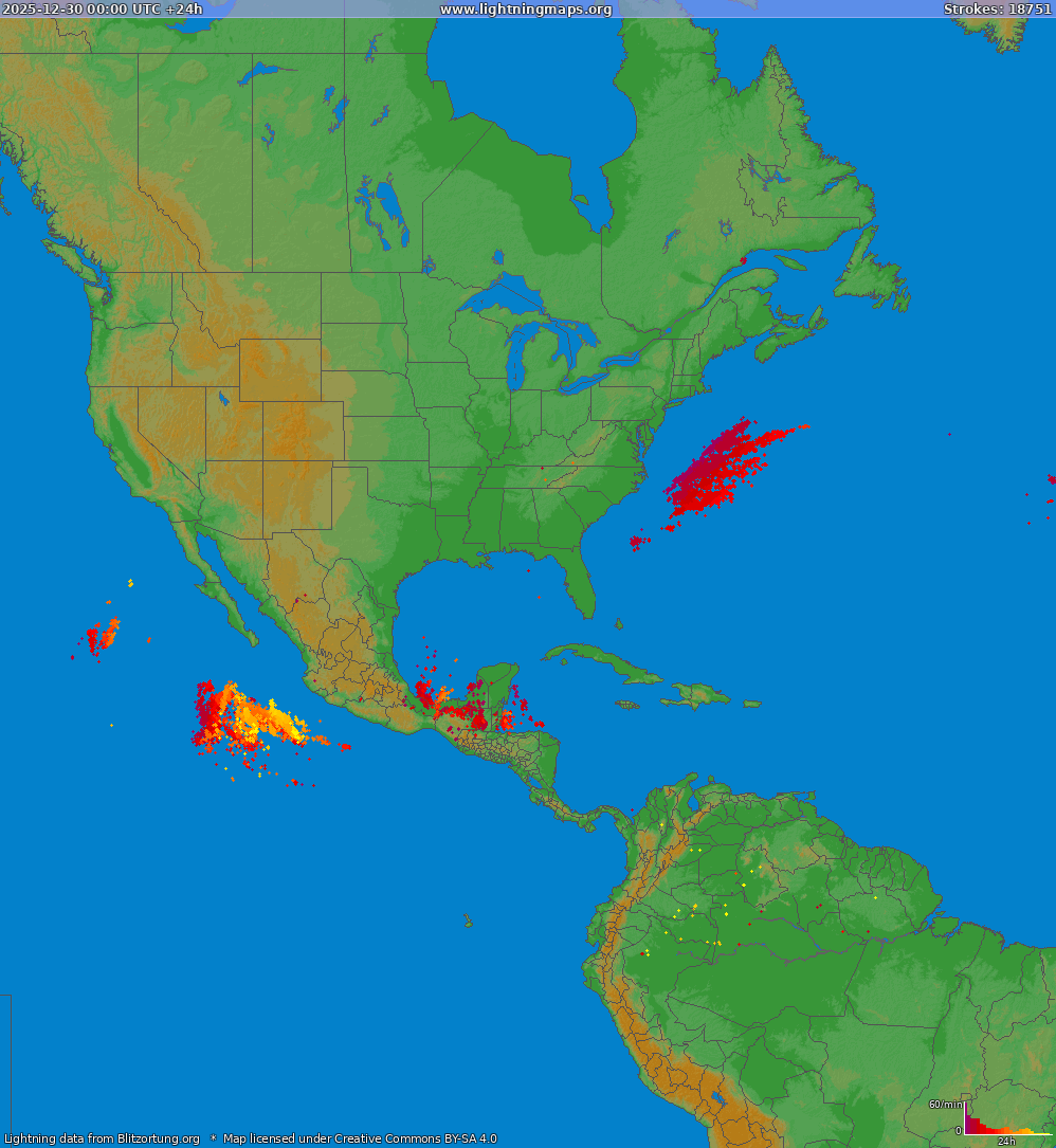 Bliksem kaart North America 30.12.2025